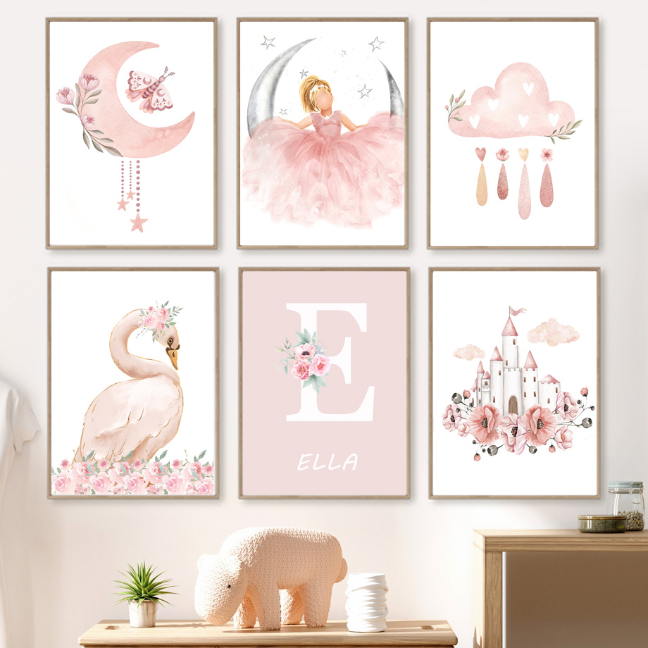 Baby Nursery Animal Pictures - Toile murale d'ange rose pour fille,