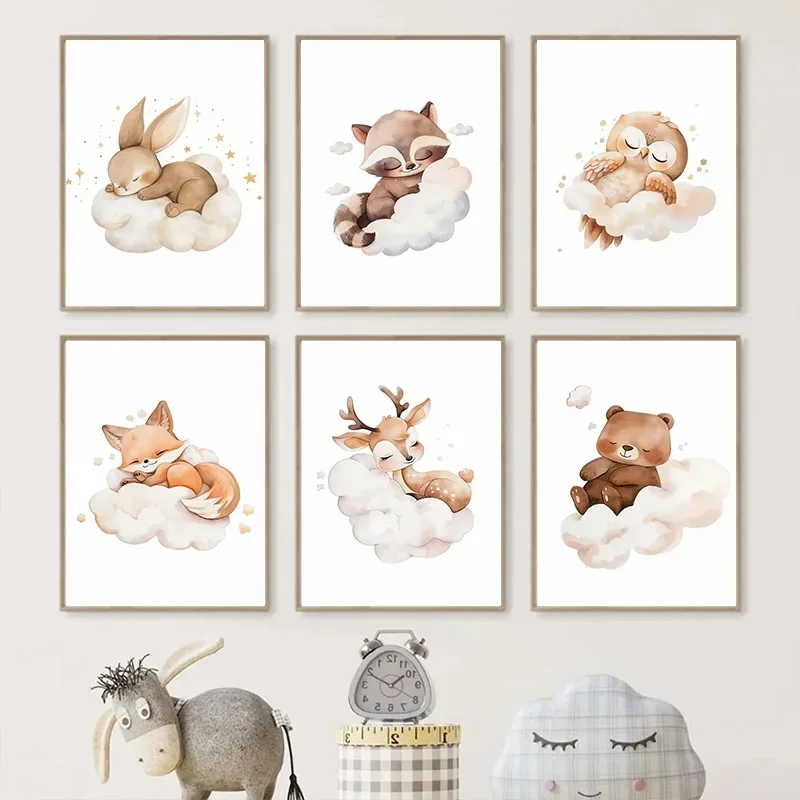 Baby Nursery Animal Pictures - Dessin animé nuage Animal toile peinture