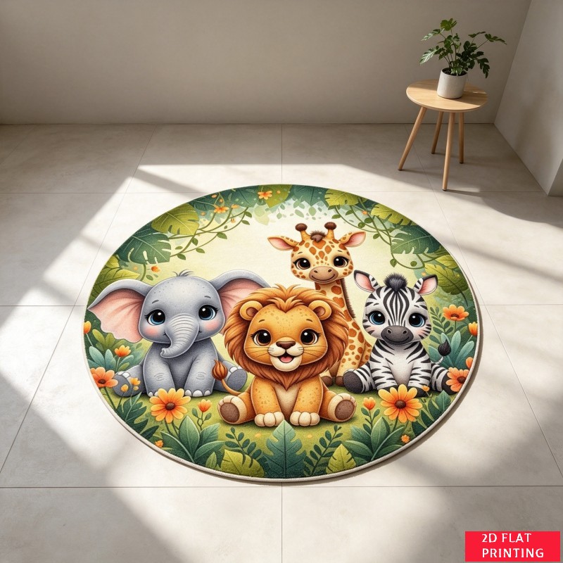 Baby Nursery Jungle Rug - Tapis Rond Safari Jungle Animaux Bébé
