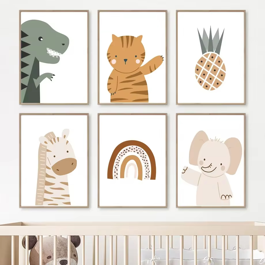 Baby Nursery Animal Pictures - Peinture sur Toile Imprimée Arc-en-ciel, Soleil,