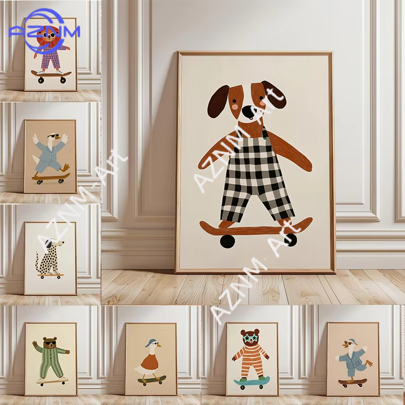 Baby Nursery Items - Affiche de skateboard amusante avec animaux,
