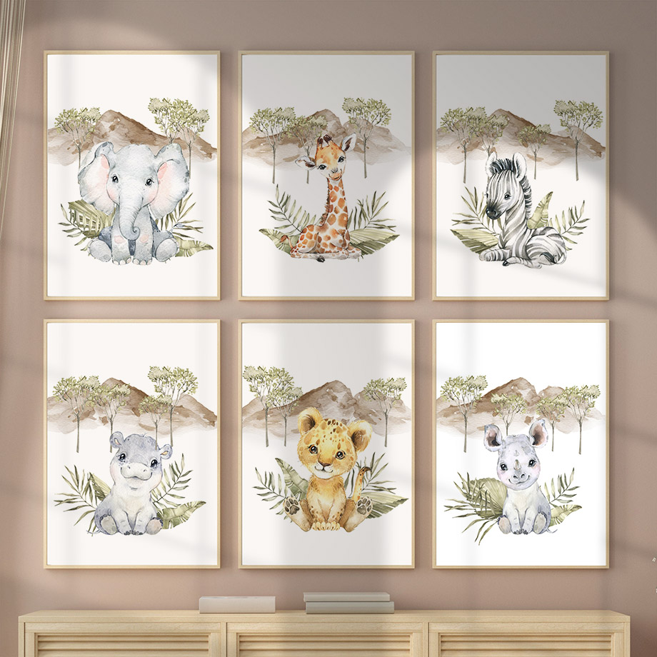 Baby Zebra Nursery - Affiches murales girafe, zèbre, éléphant, lion,